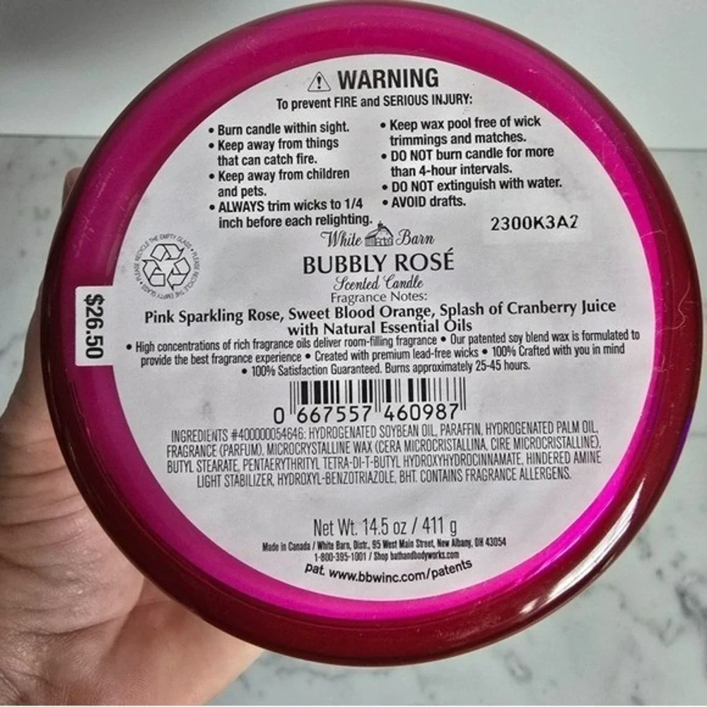 Bath & Body Works, New, Bubbly Rose 3 Wick Scented Essential Oil Candle